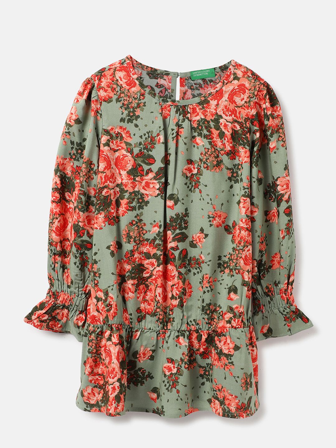 

United Colors of Benetton Girls Bell Sleeve Floral Dress, Green