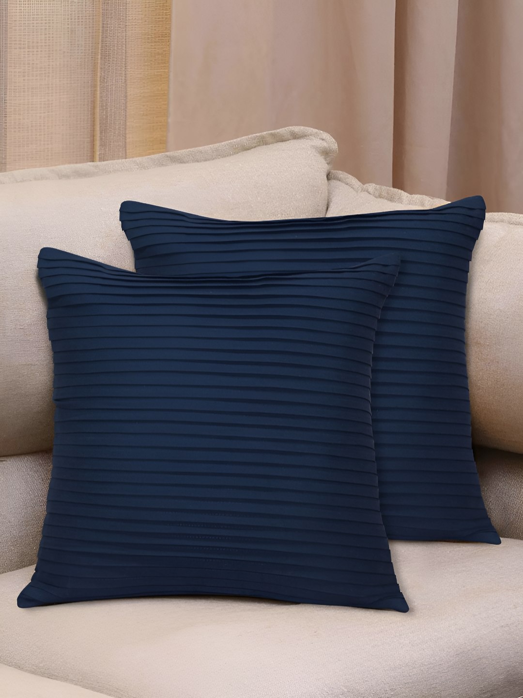 

HOME COLORS.IN Navy Blue 2 Pieces Striped Square Pure Cotton Cushion Covers