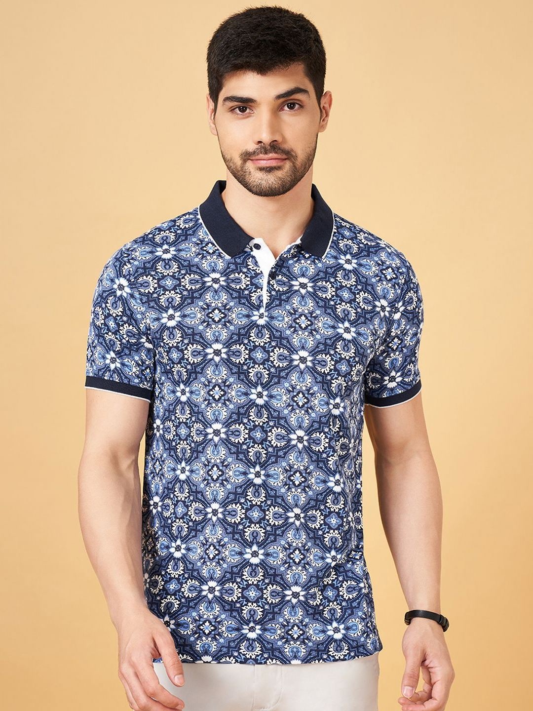 

BYFORD by Pantaloons Men Floral Printed Polo Collar Cotton Slim Fit T-Shirt, Blue