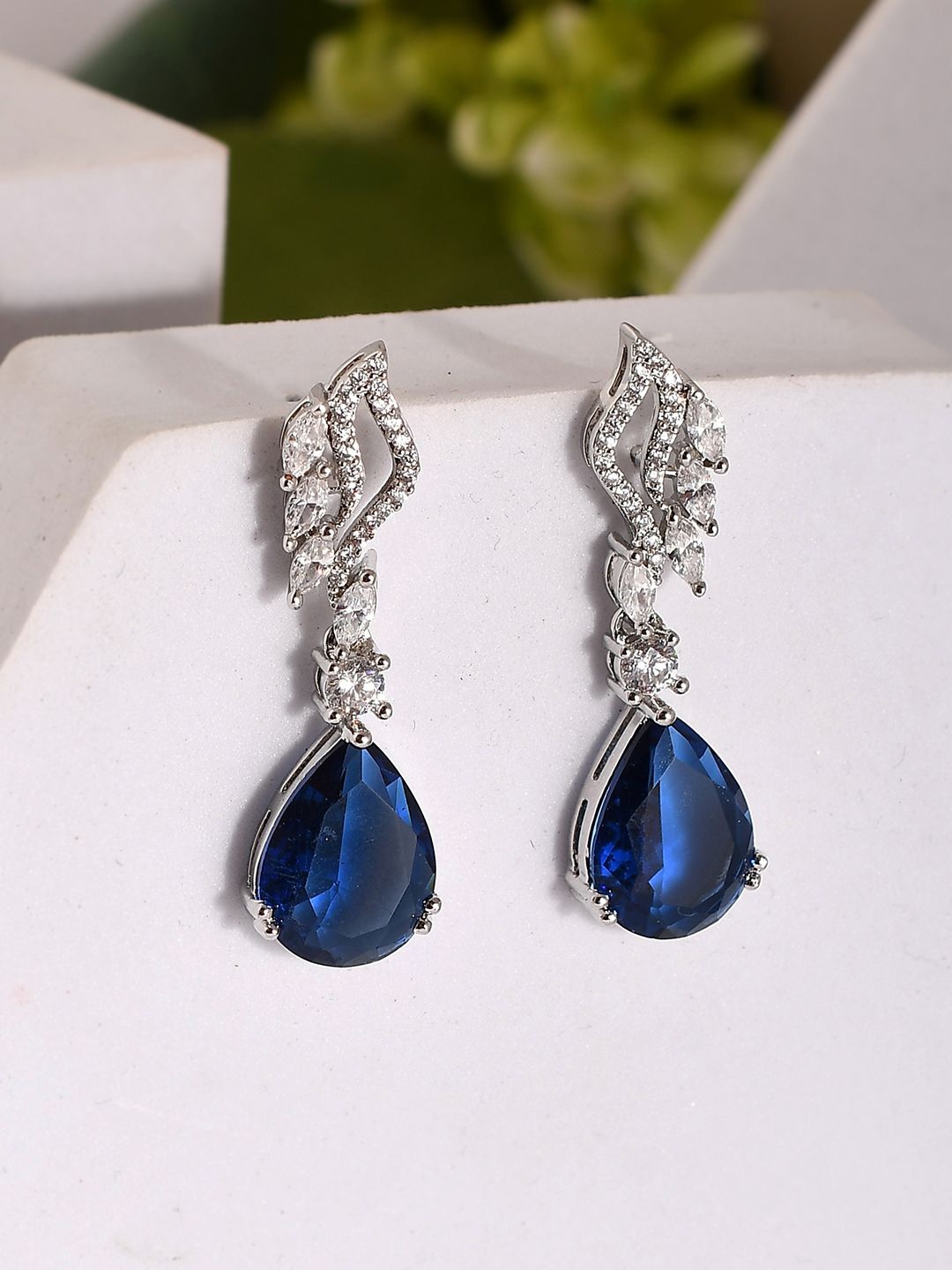 

Voylla Rhodium Plated Contemporary American Diamonds Studded Drop Earrings, Silver