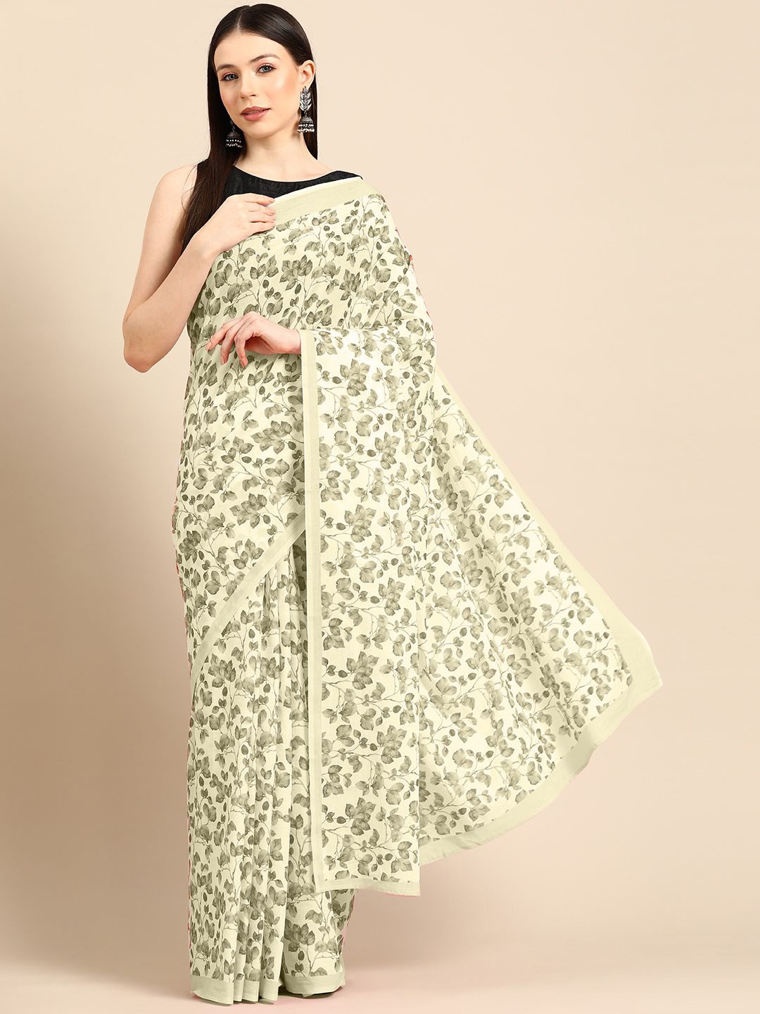 

BUTA BUTI Floral Pure Cotton Saree, Olive
