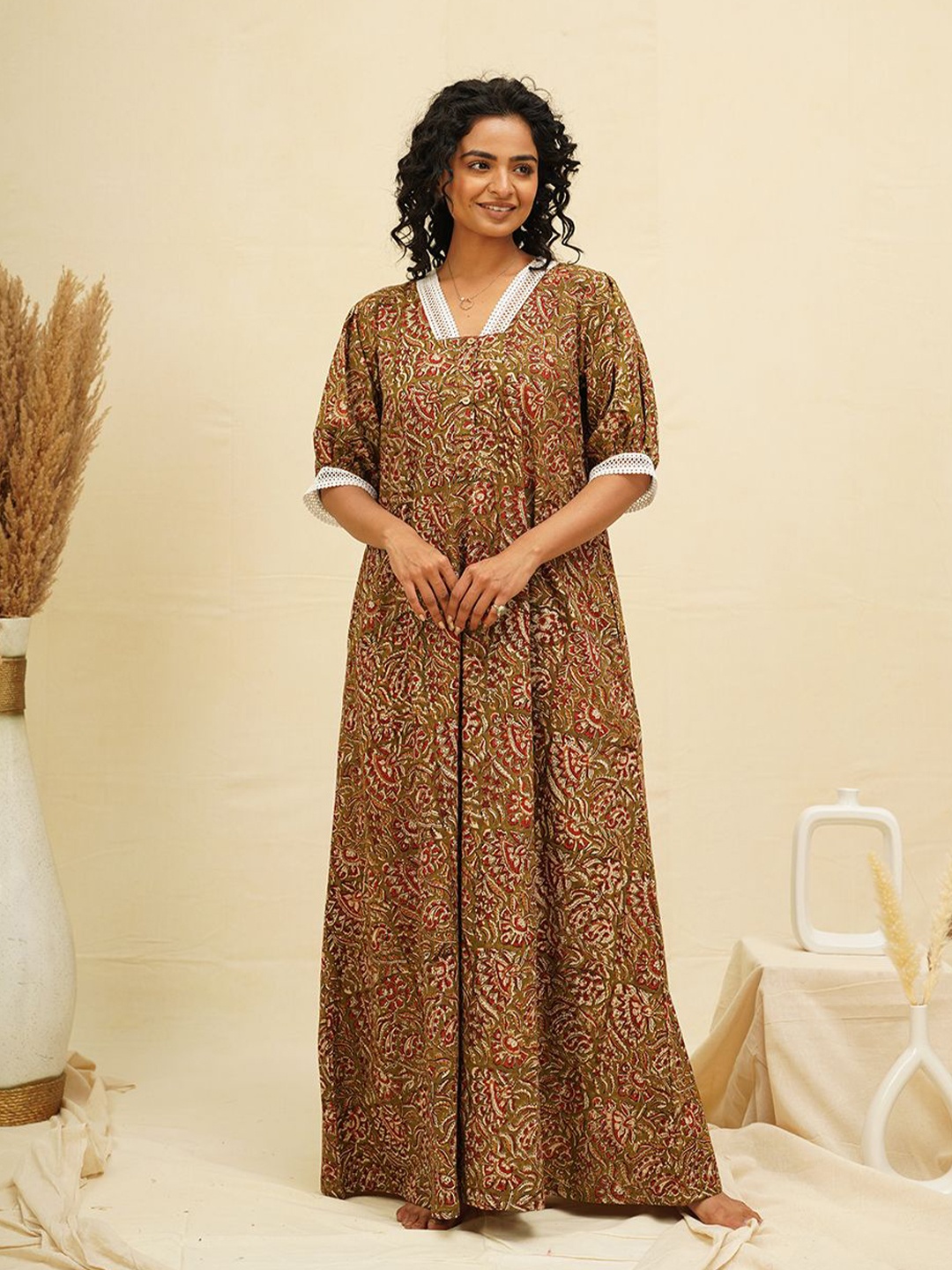 

THE SAFFRON SAGA Ethnic Motifs Puff Sleeve Lace Maxi Dress, Olive