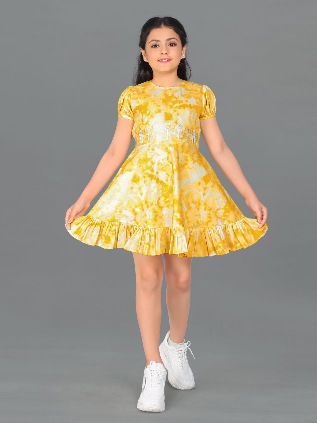 

BAESD Girls Tie and Dye Puff Sleeves Fit & Flare Dress, Yellow