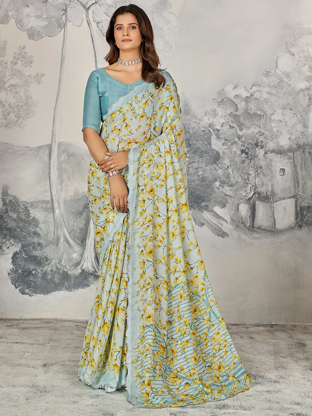 

Ethnielle Floral Printed Embellished Saree, Blue
