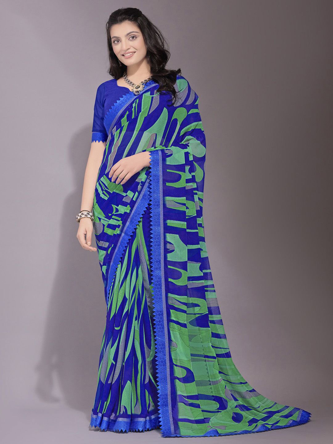 

KALINI Abstract Printed Bagh Saree, Blue