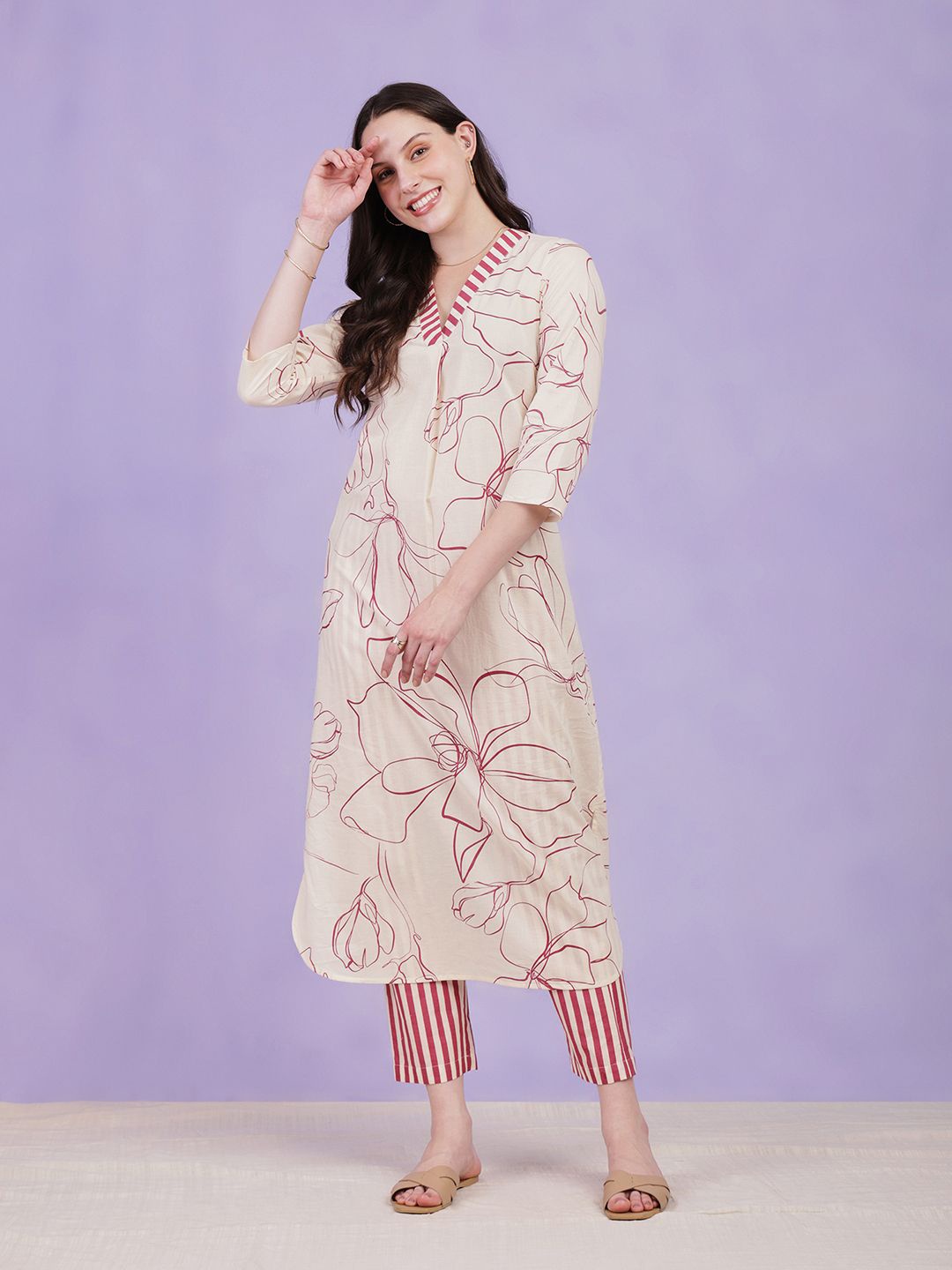 

Pink Fort Floral Printed V-Neck Cotton Straight Kurta, Off white