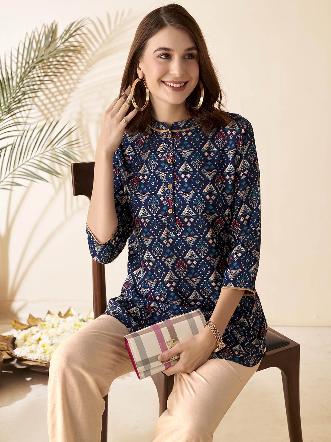 

Anouk Tribal Printed Band Collar A-Line Short Kurta, Navy blue