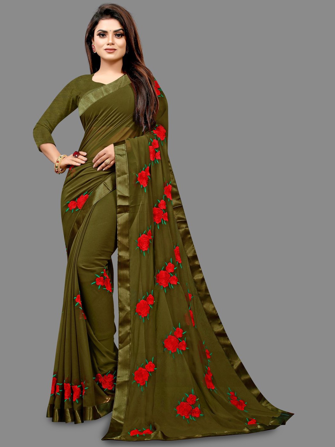 

ANJAVI FASHION Embroidered Floral Pure Georgette Maheshwari Saree, Olive