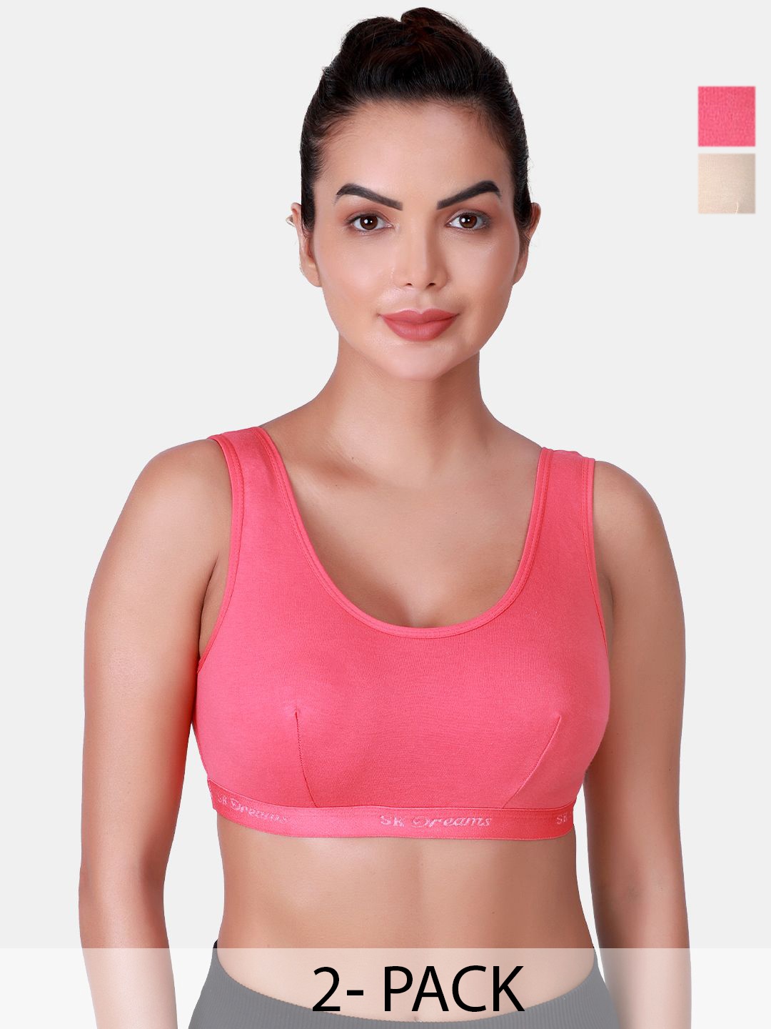 

SKDREAMS Pack Of 2 Cotton Seamed Non Padded Full Coverage Women Sports Bra, Rose