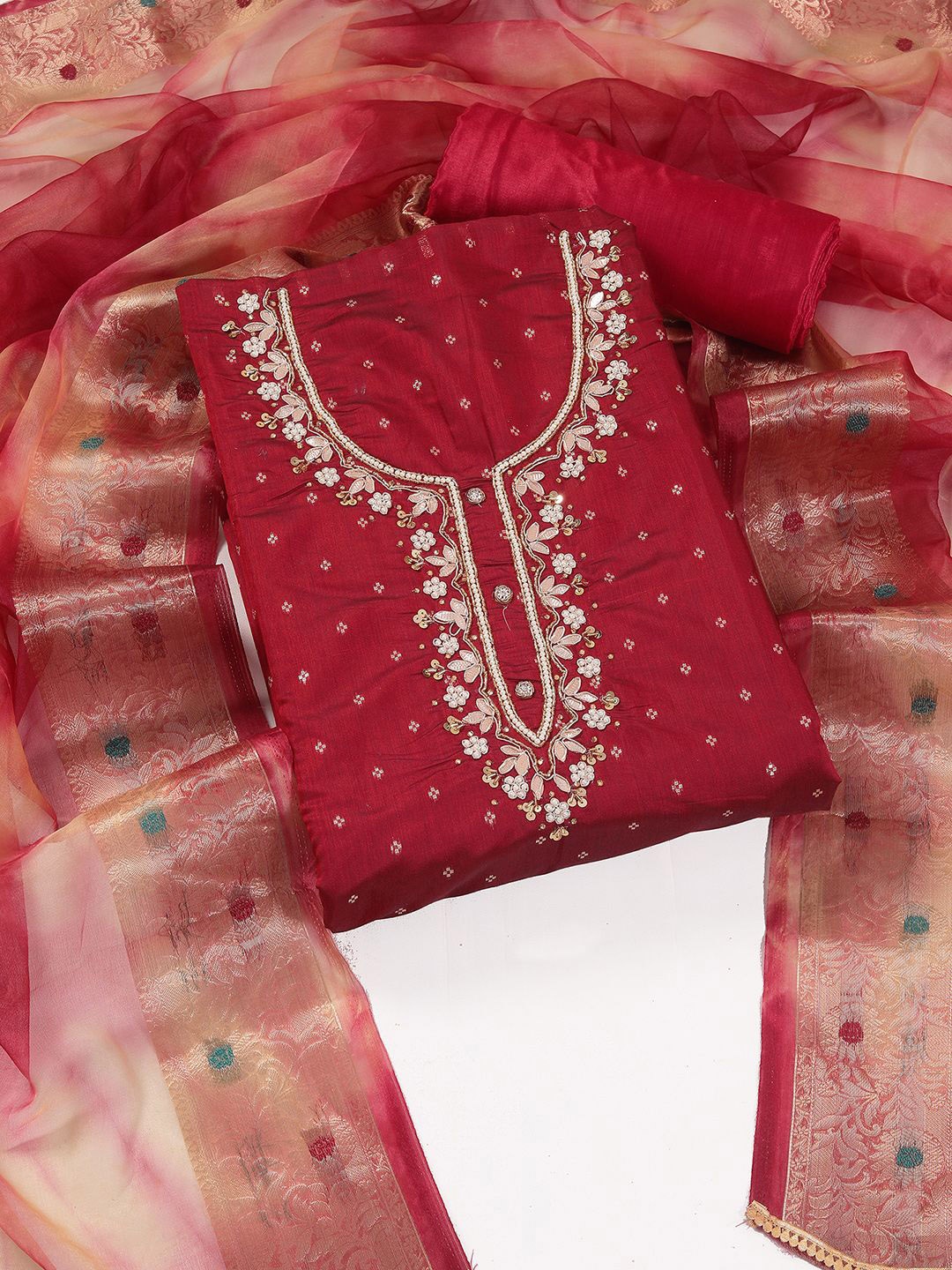 

KALINI Ethnic Motifs Embroidered Beads and Stones Unstitched Dress Material, Gold