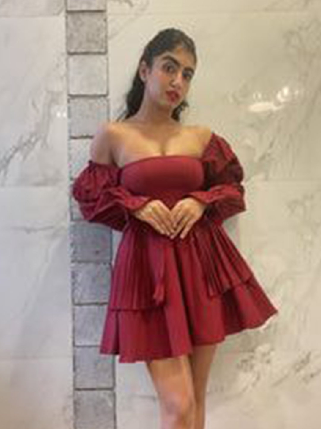 

Lea Clothing Co. Women Off-Shoulder Puff Sleeve Crepe Fit & Flare Dress, Burgundy