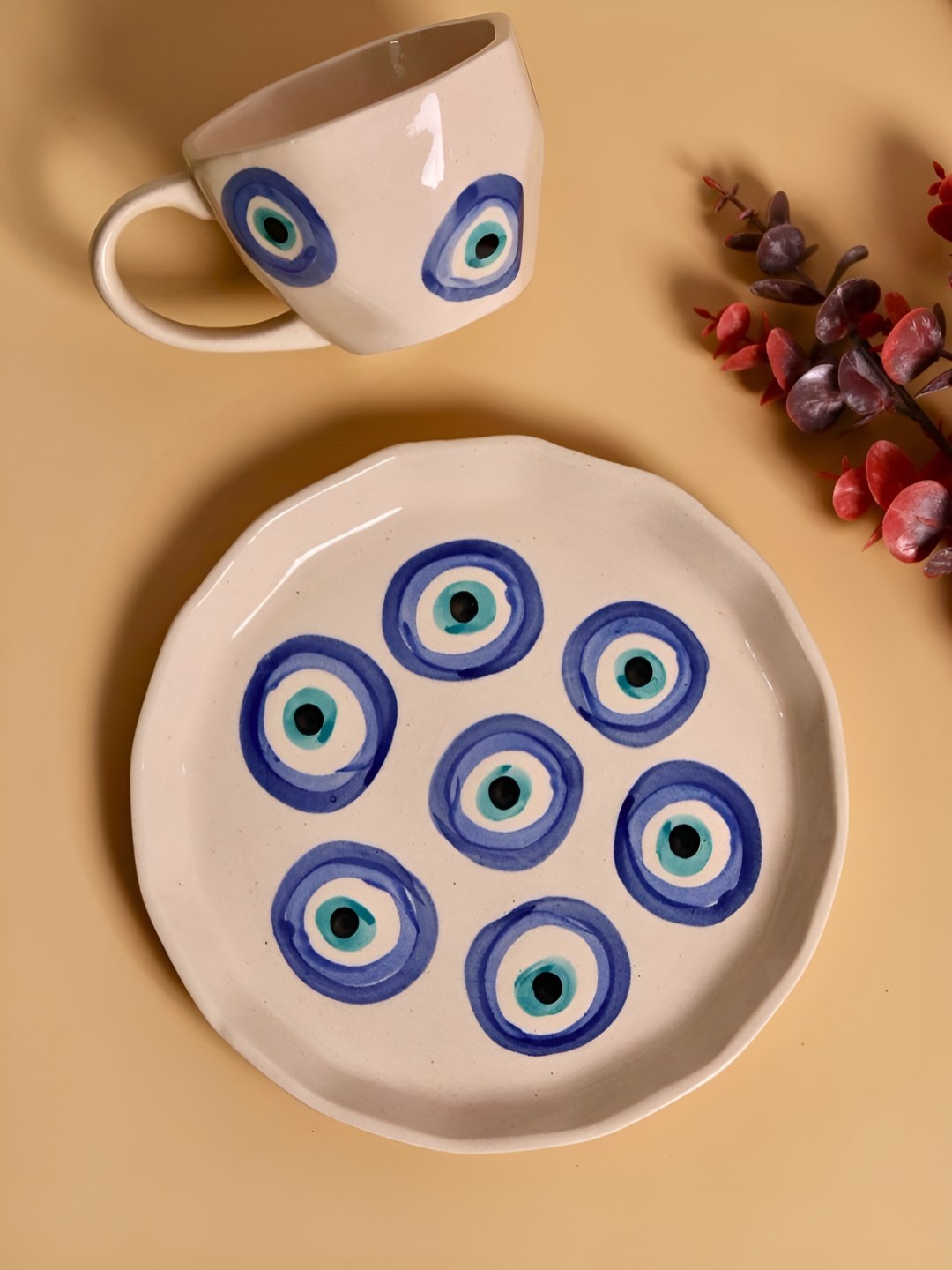 

WEAVING HOMES White & Blue 2 Pieces Evil Eye Printed Ceramic Mug With Plate
