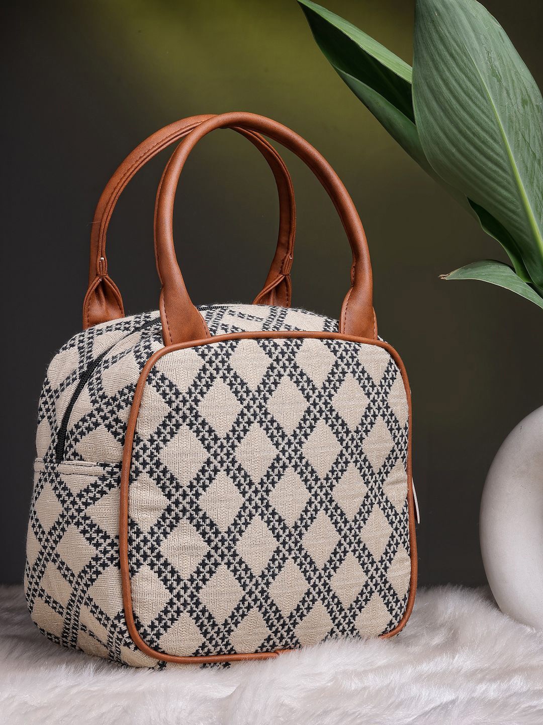 

Anekaant Woven Design Cotton Jacquard Handheld Bag, Beige