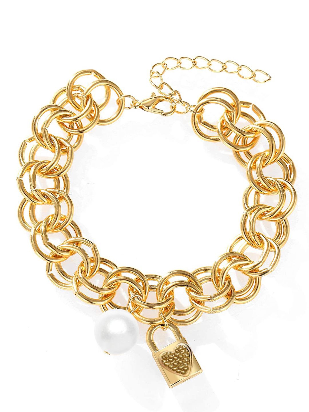 

DressBerry Gold Toned Heart Lock & Pearl Beaded Link Bracelet