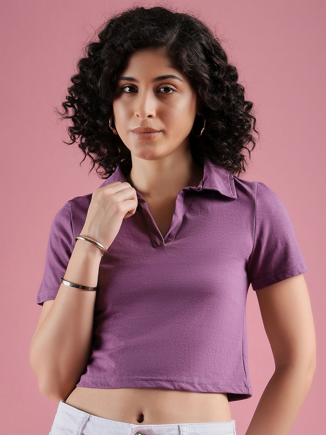 

DressBerry Women Solid Polo Collar Cotton T-Shirt, Purple