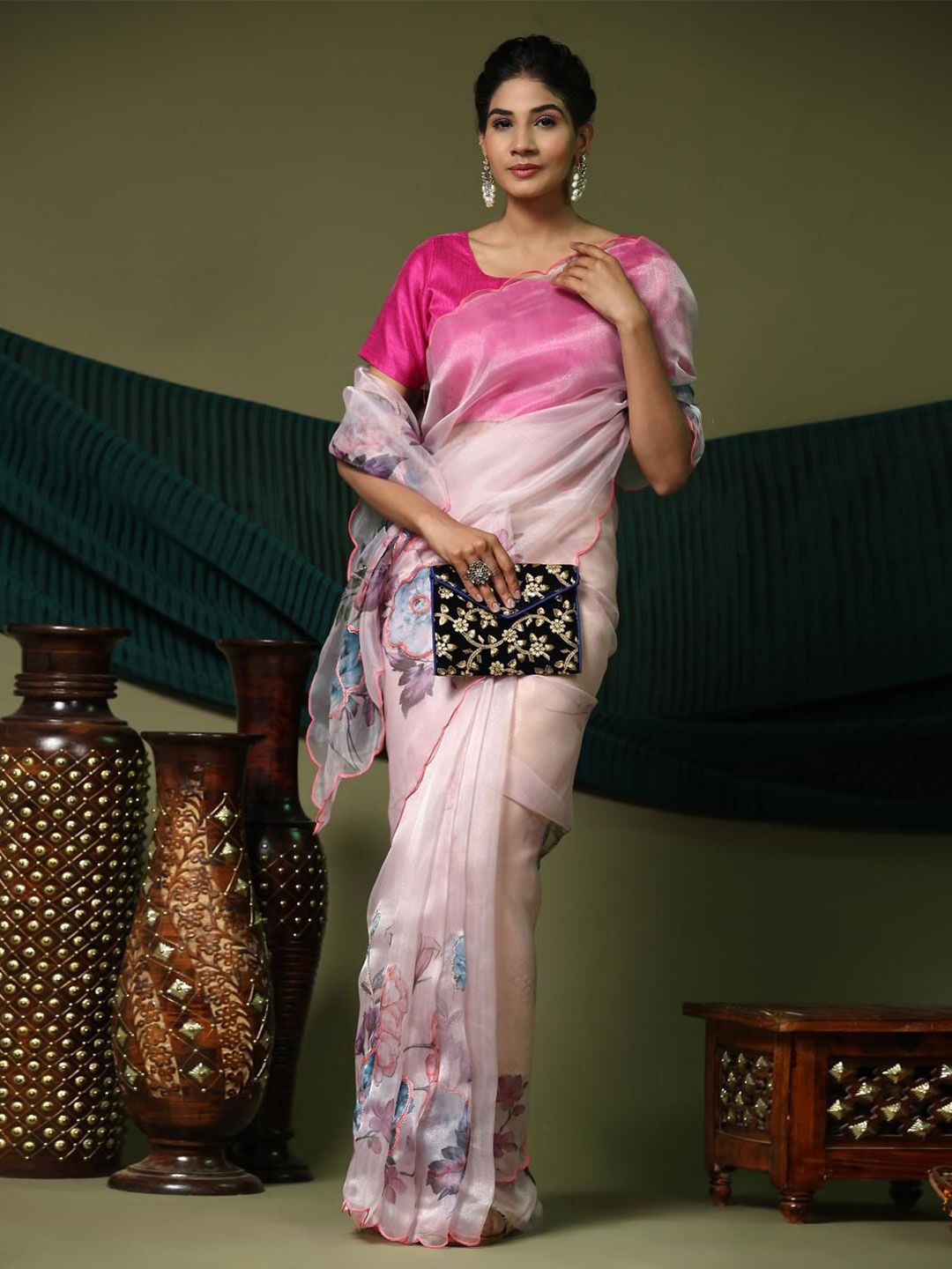 

Mitera Floral Embroidered Organza Pink Saree