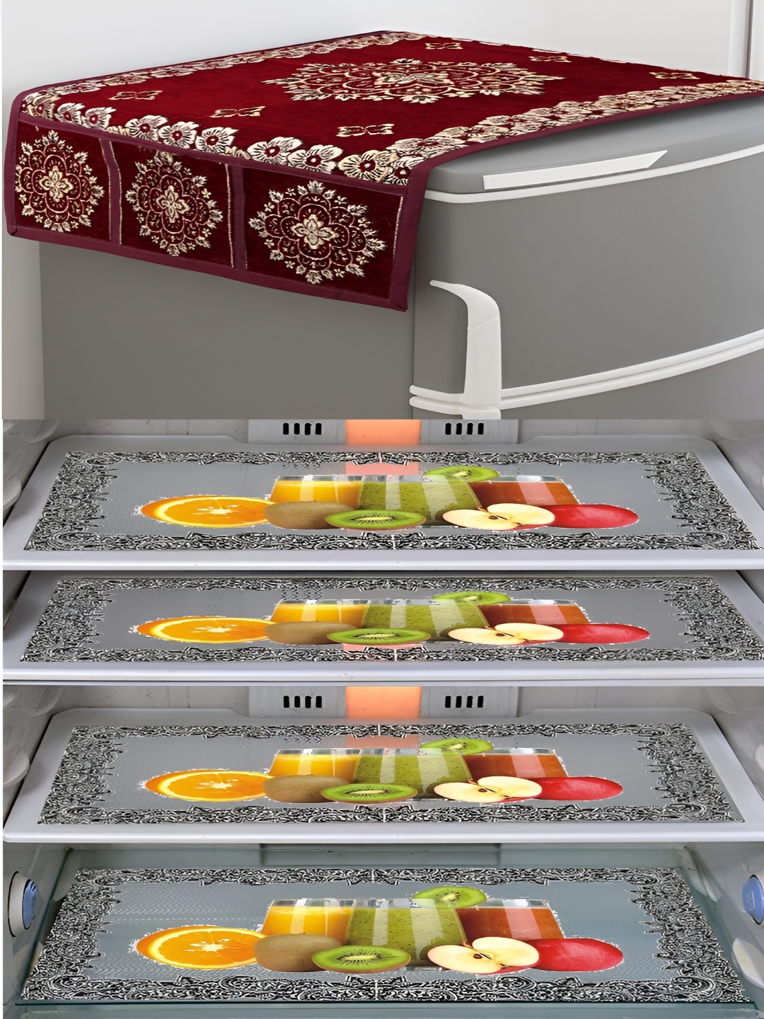 

Dakshya Industries Maroon& Yellow 5 Pieces Printed Fridge Cover With Fridge Mats