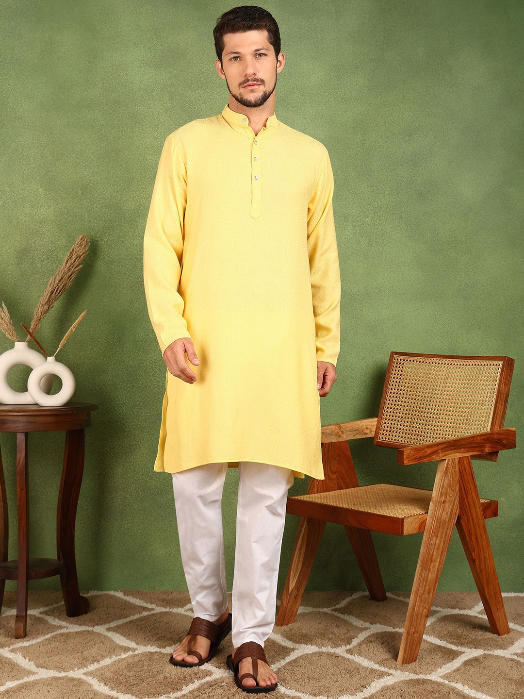 

FUBAR Woven Design Band Collar Regular Cotton Silk Straight Kurta With Pyjamas, Yellow