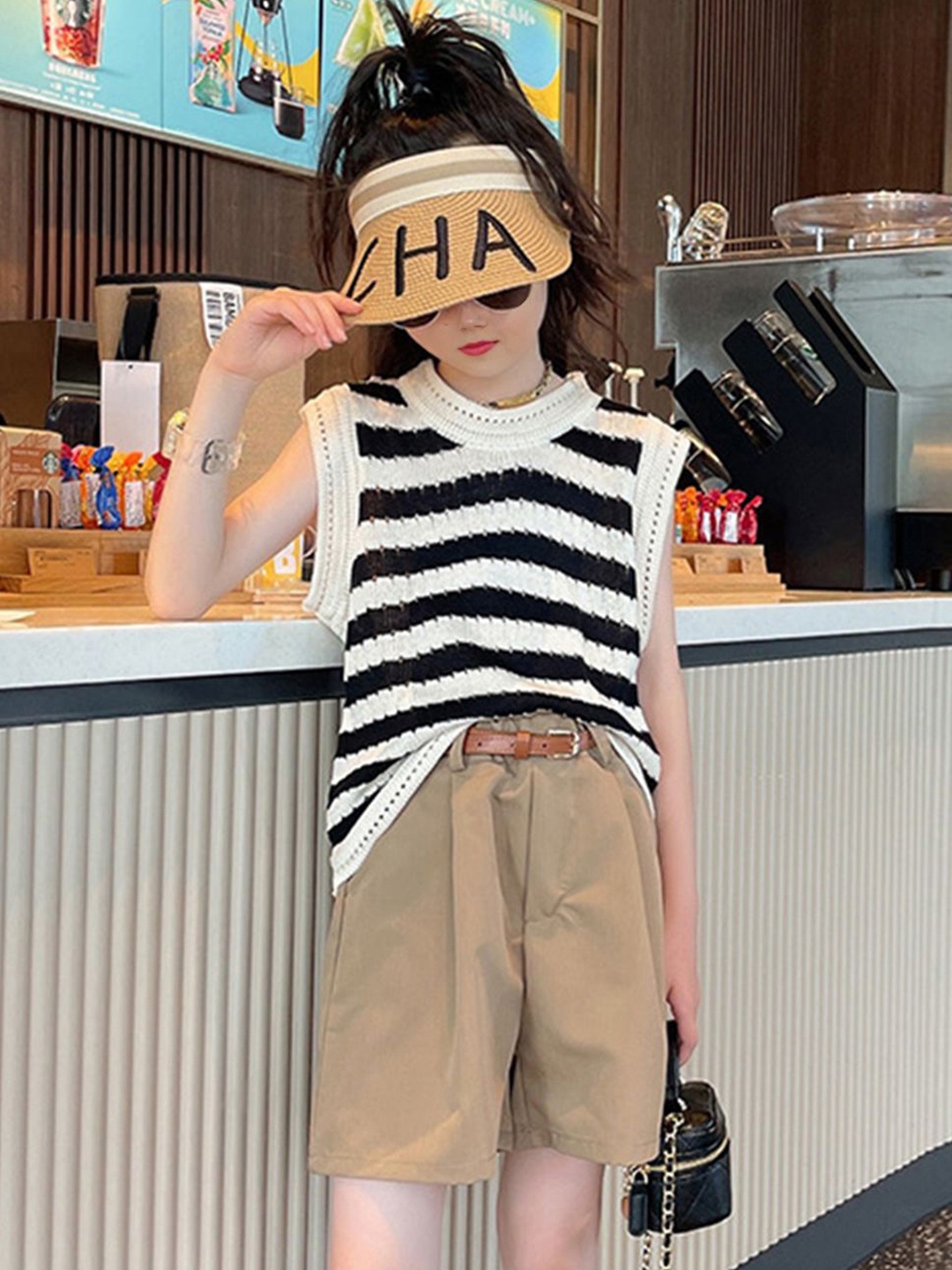 

INCLUD Girls Striped Sleeveless Knitted Top With Shorts, Black