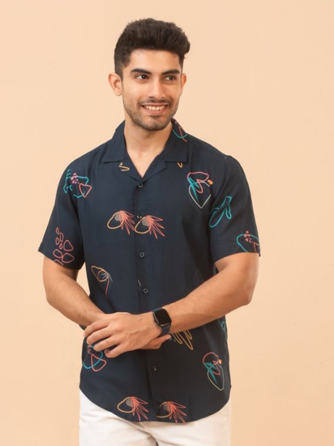

The Bleu Label Men Classic Slim Fit Abstract Printed Casual Shirt, Navy blue