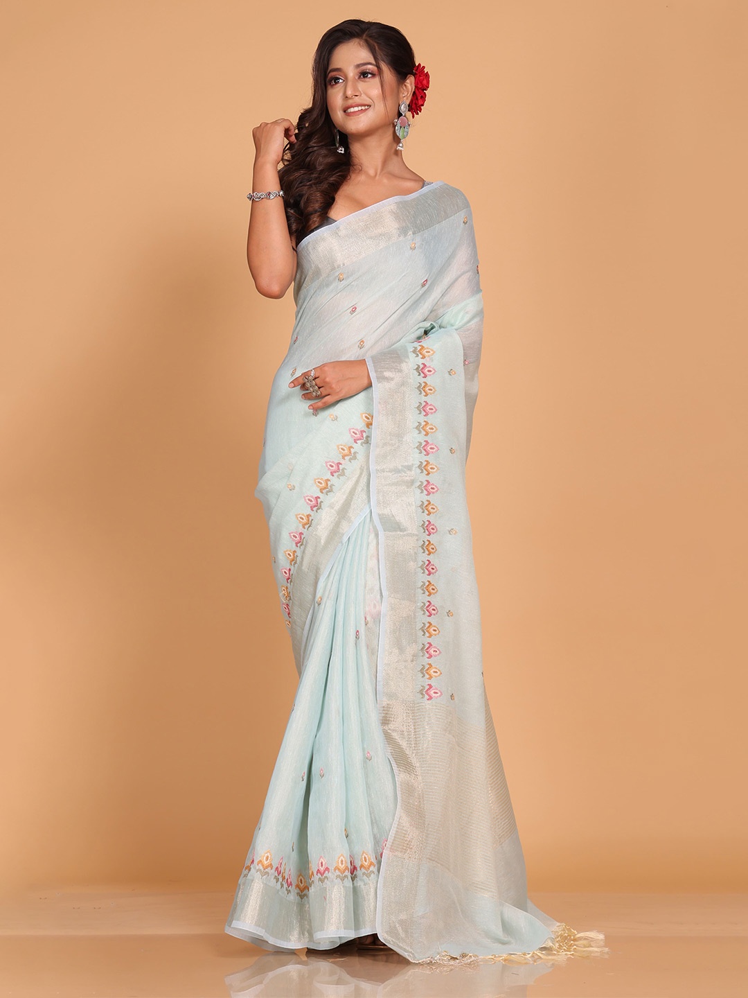 

Morchari Floral Zari Pure Linen Saree, Blue