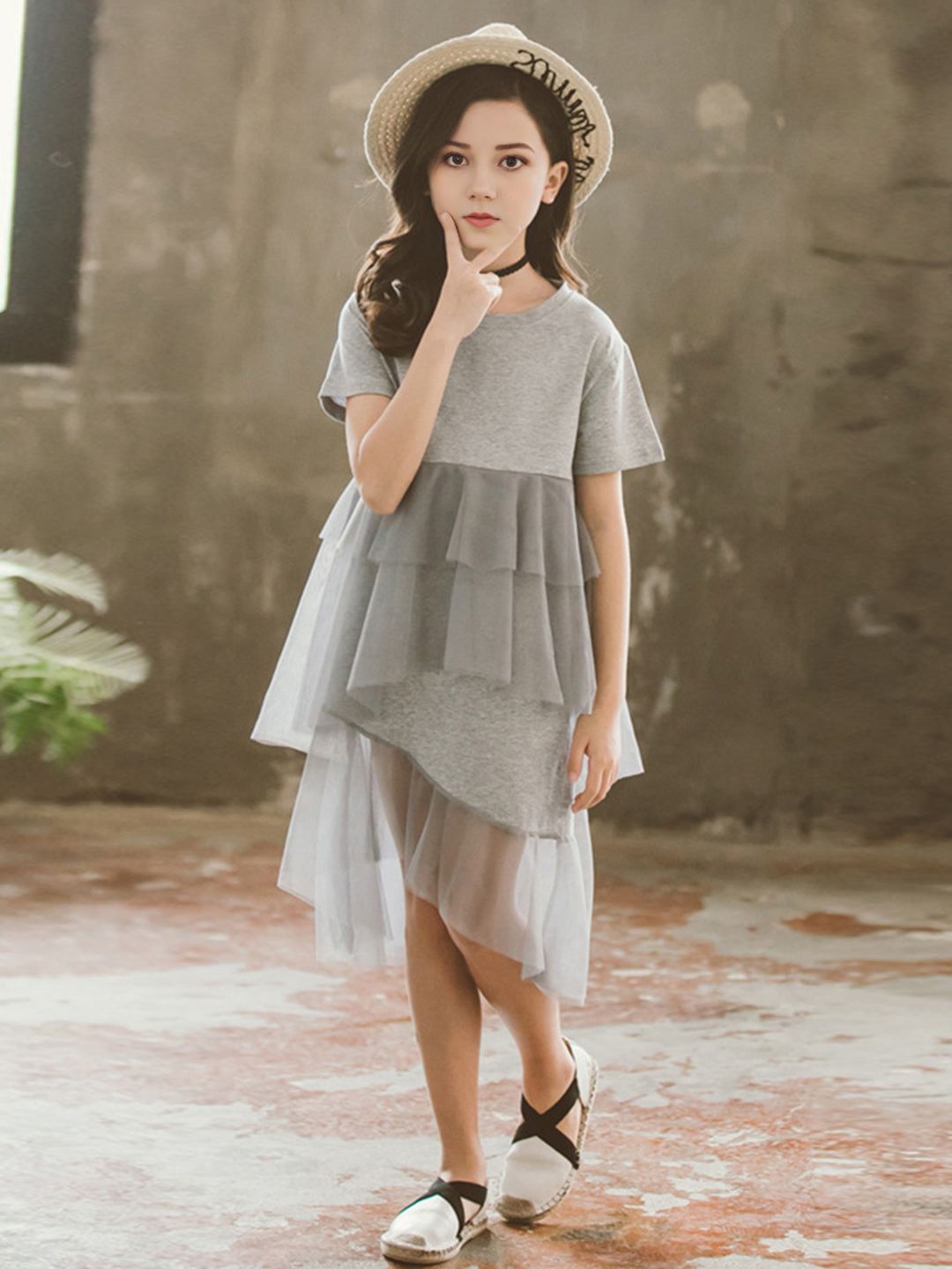 

INCLUD Short Sleeves Layered A-Line Dress, Grey