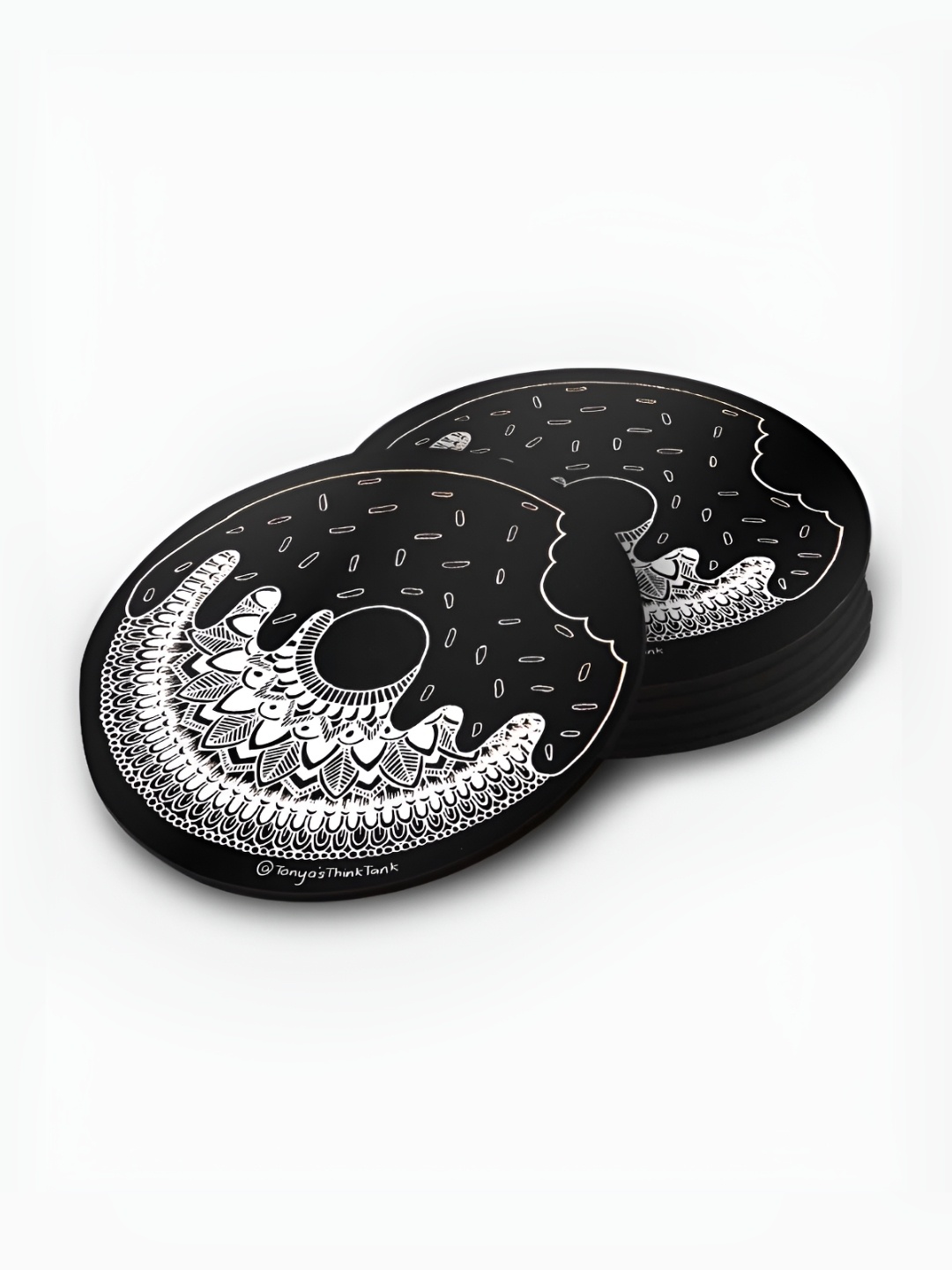 

macmerise Black & White 6 Pieces Printed Wooden Circular Coasters