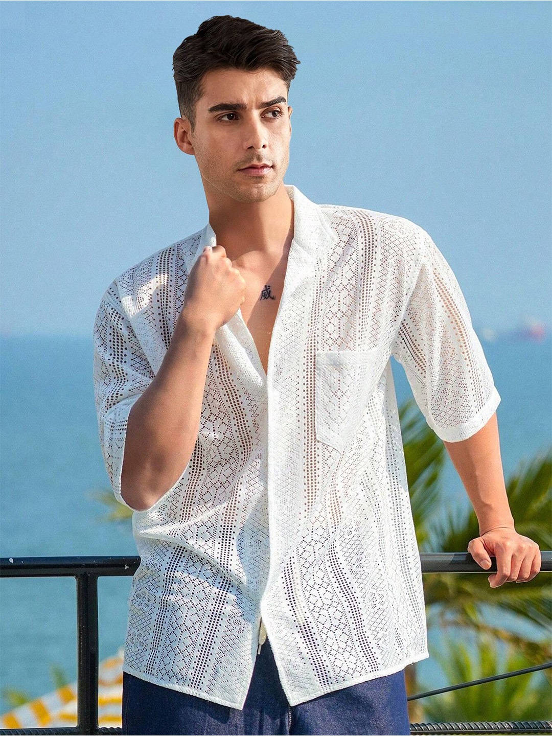 

HAMPTONS Crochet Knitted Cotton Casual Shirt, Off white