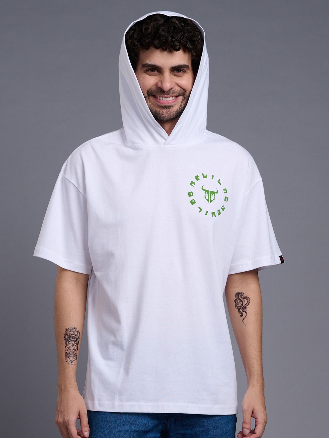 

GO DEVIL Men Hooded Graphic Printed Oversized T-shirt, White