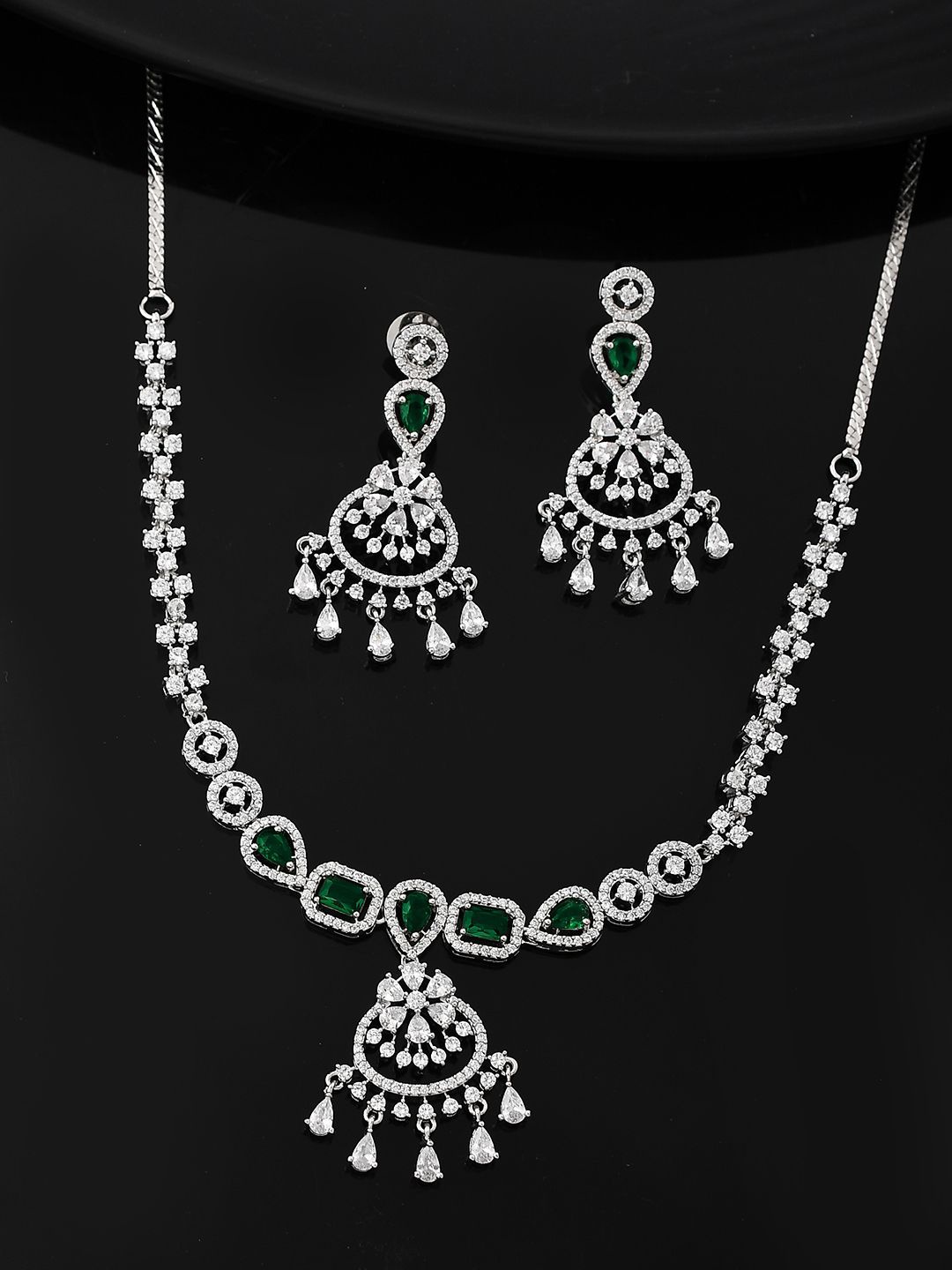 

Voylla Silver-Plated Opulent Filigree American Diamond-Studded Jewellery Set