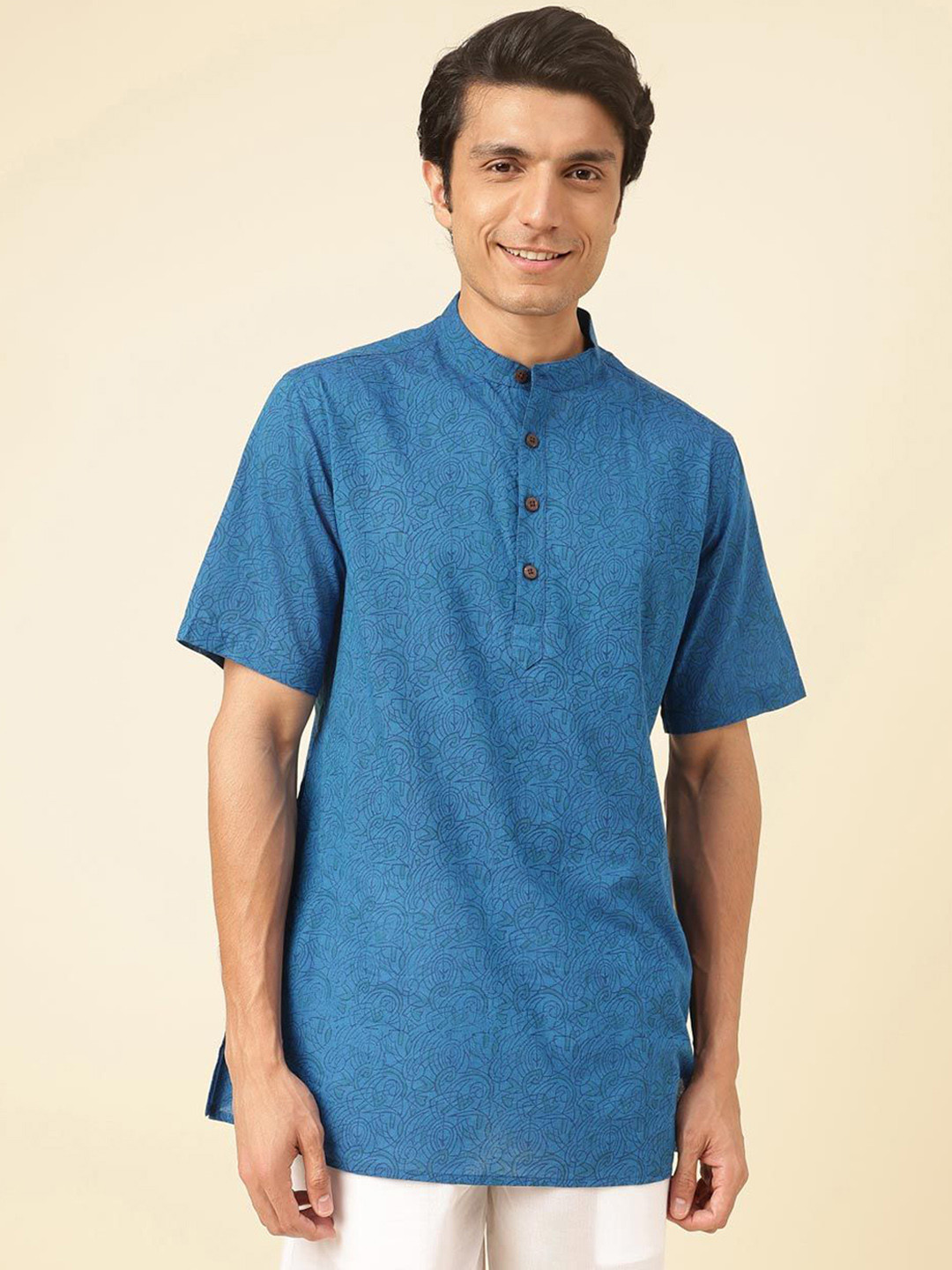 

Fabindia Floral Printed Band Collar Cotton Straight Kurta, Blue