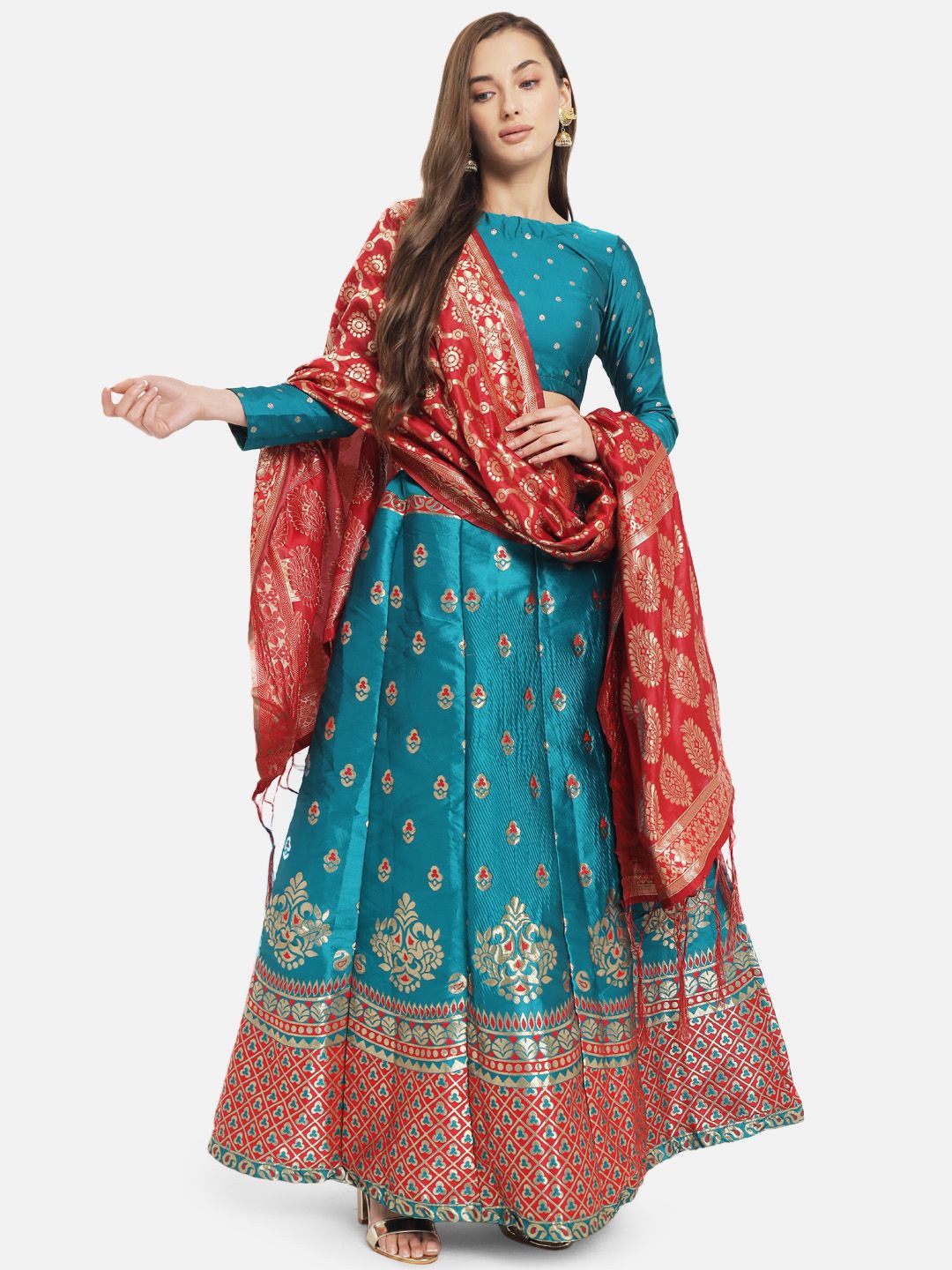 

KAZIA Woven Design Semi-Stitched Lehenga & Unstitched Blouse With Dupatta, Turquoise blue