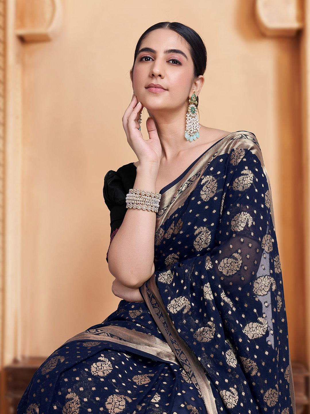 

House of Pataudi Zari Banarasi Woven Design Saree With Blouse Piece, Blue