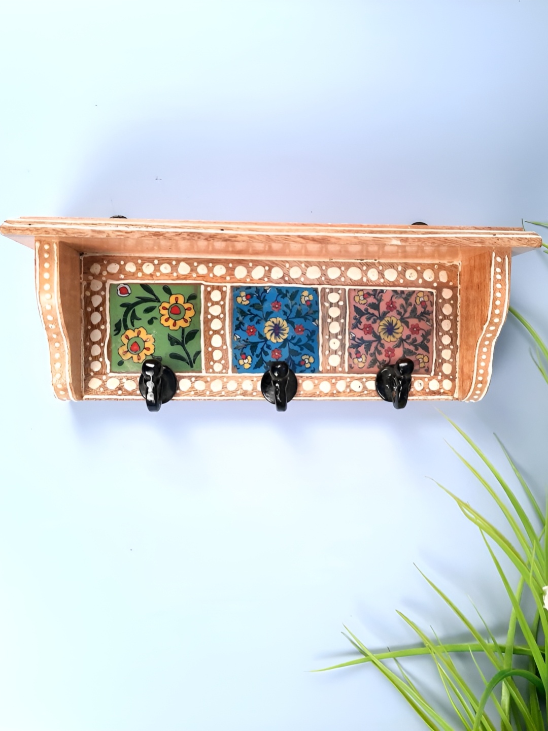 

apka mart Brown & Black Printed Wooden Shelf With Wall Hooks Key Holder