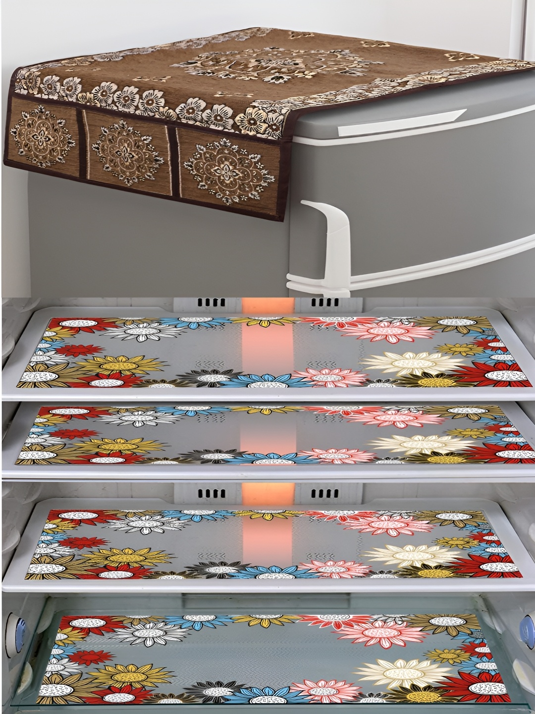 

LooMantha Brown & Yellow 5 Pieces Printed Fridge Cover With Side Storage & Fridge Mat