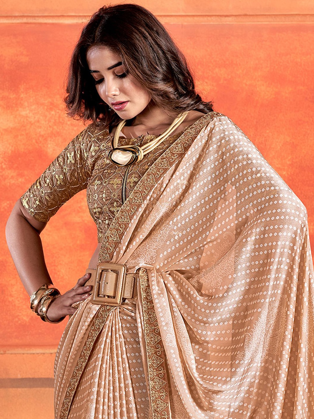 

Saree mall Bandhani Embroidered Embellished Sarees, Beige