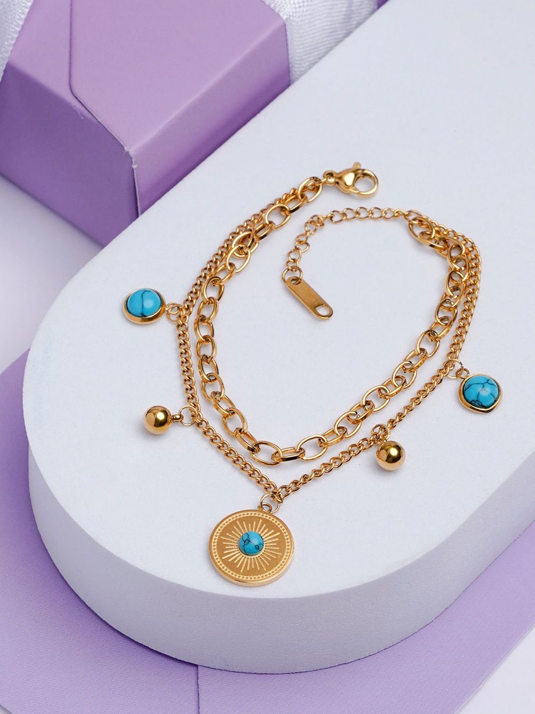 

SWASHAA Aahana Stainless Steel 18K Gold-Plated Turquoise Charm Bracelet