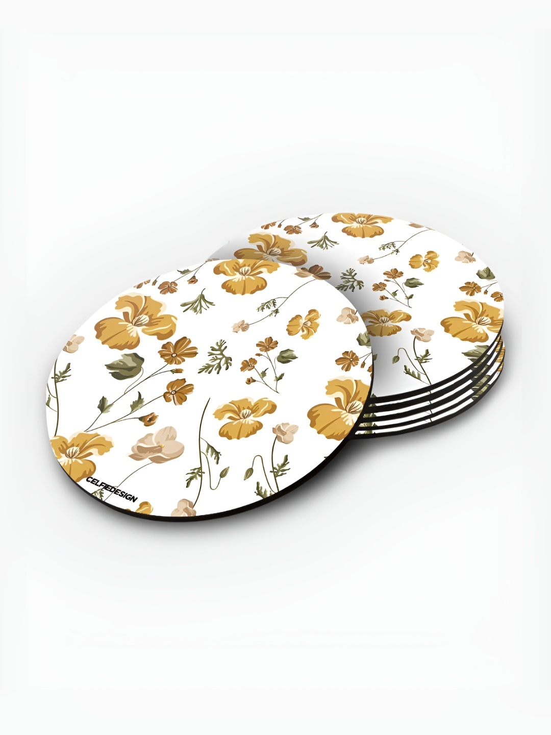 

macmerise White & Yellow 6 Pieces Floral Printed Round Wooden Coasters