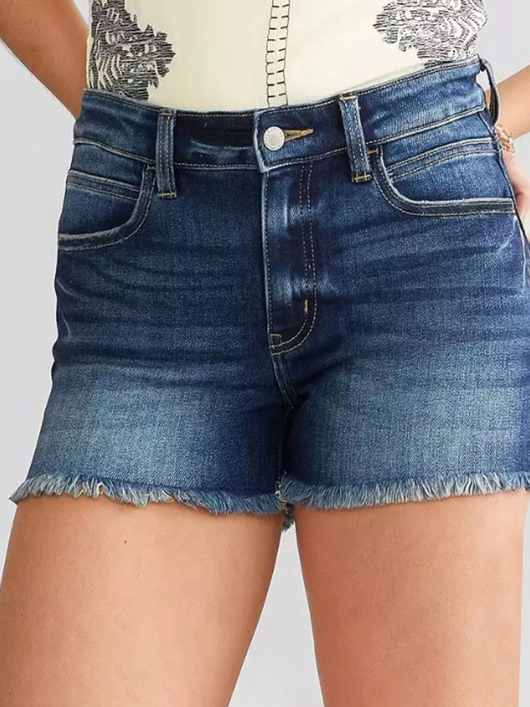 

LULU & SKY Women Washed Slim Fit Frayed-hem Denim Shorts, Blue