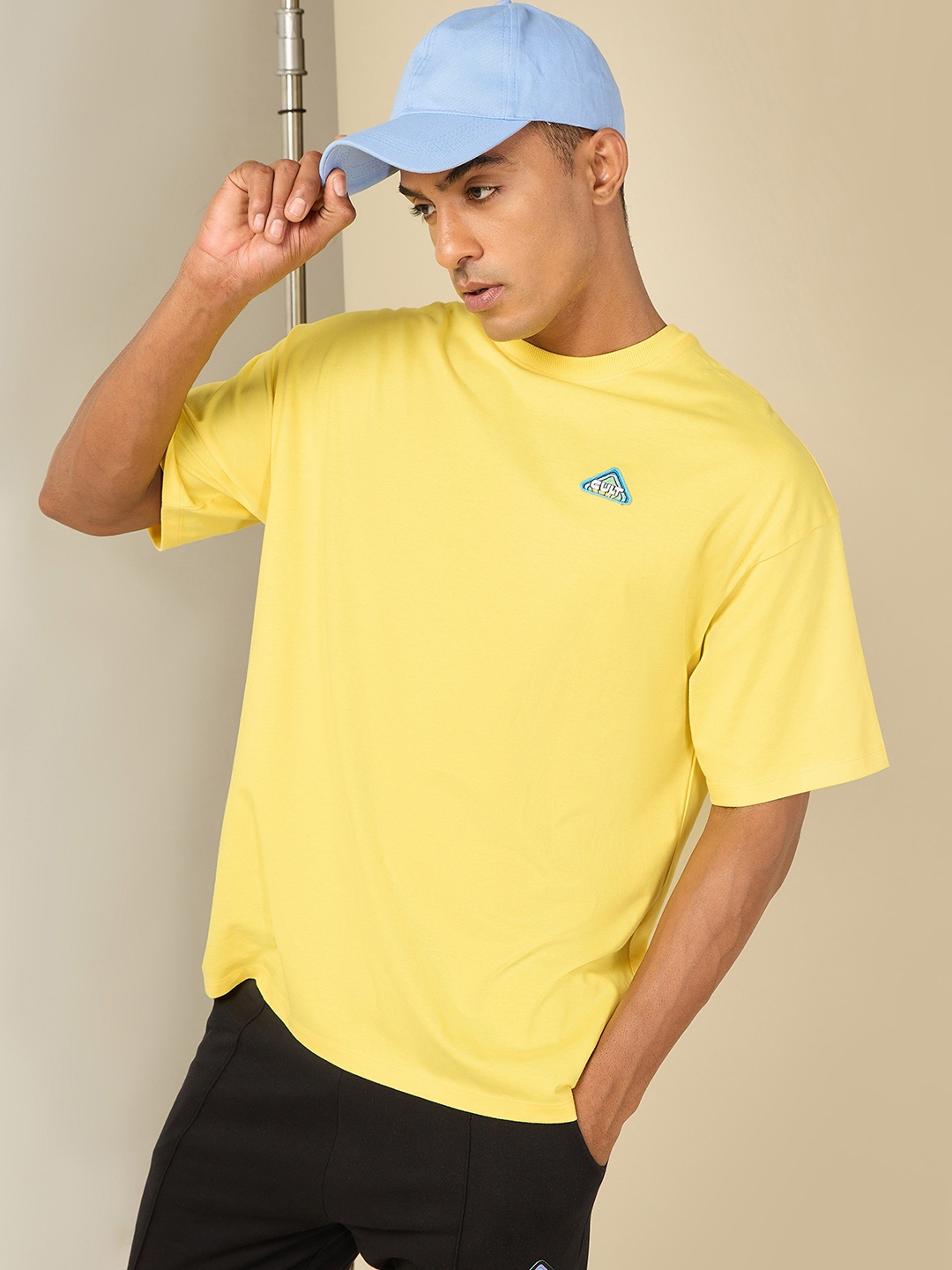 

CULT Men Bio Finish Solid Drop-Shoulder Sleeve Oversized T-shirt, Yellow
