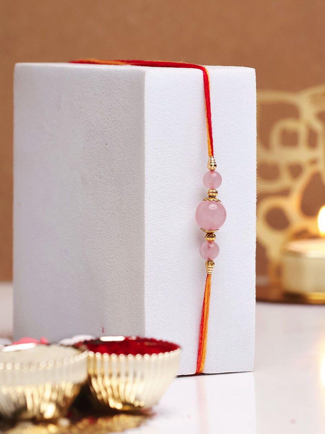 

Shubhanjali Quartz Beaded Thread Rakhi With Greeting Card & Roli Chawal, Pink