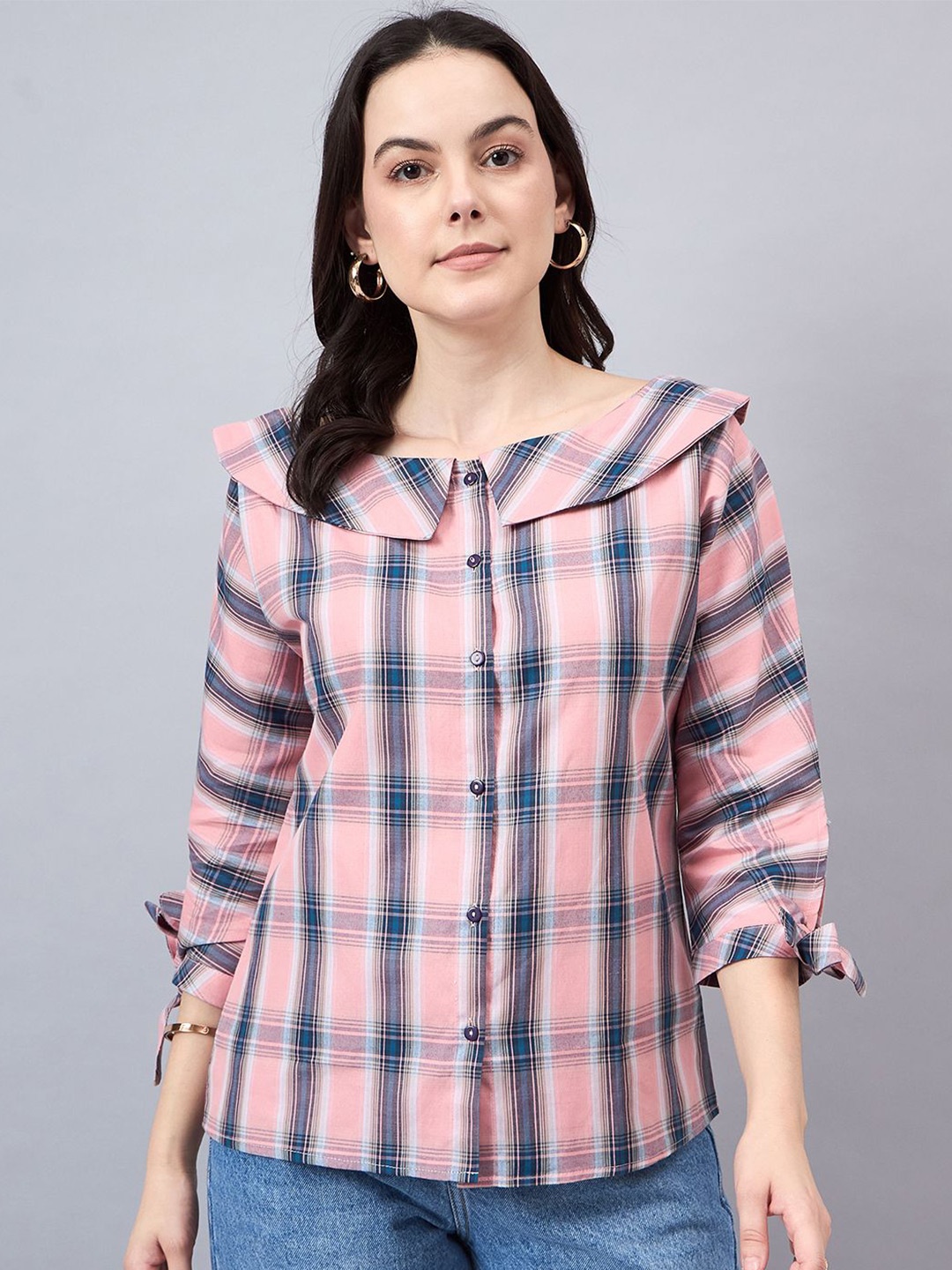 

Style Quotient Women Classic Peter Pan Collar Checked Cotton Casual Shirt, Pink