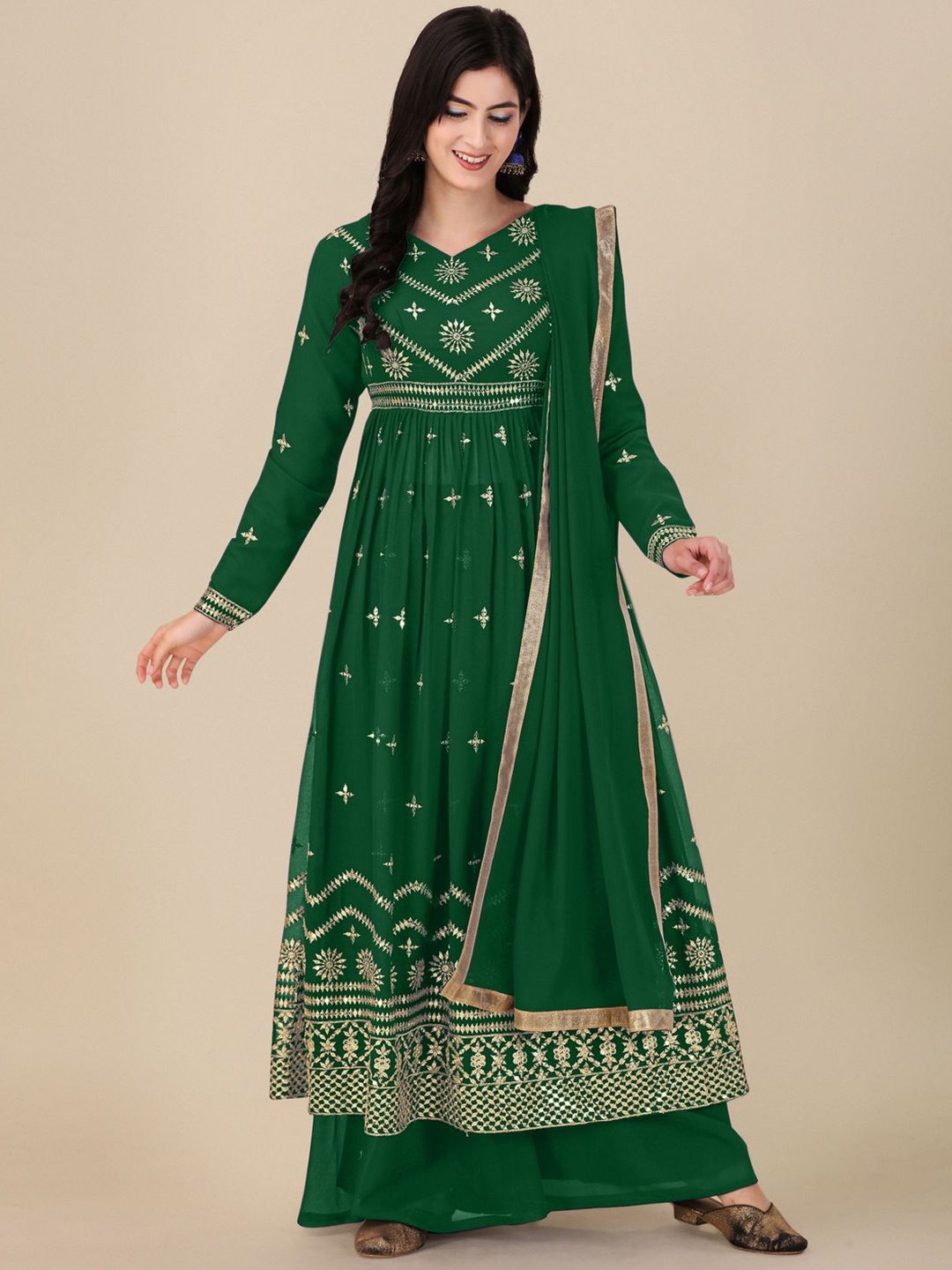 

KALINI Embroidered Sequinned Semi-Stitched Dress Material, Green