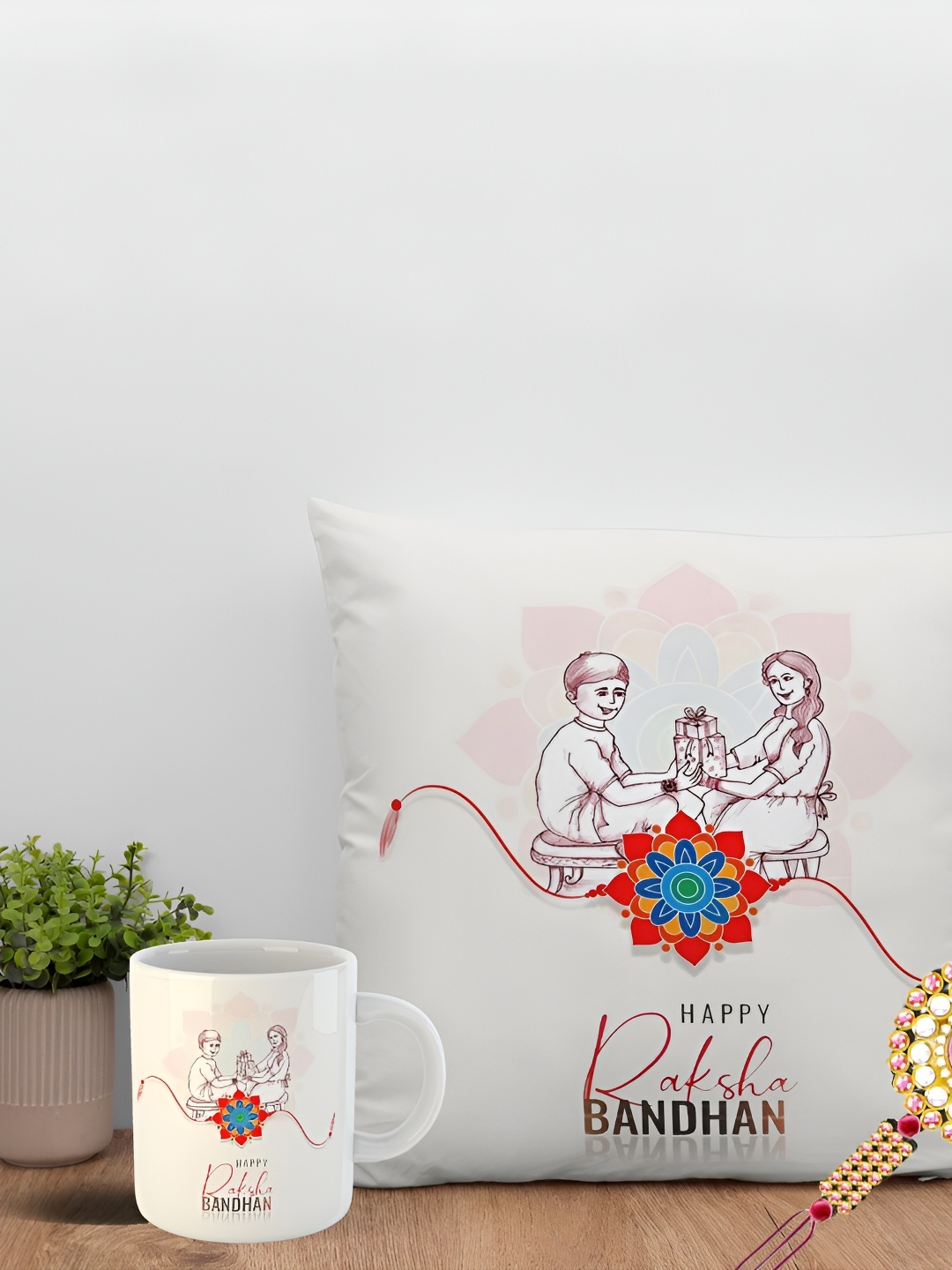 

ARTBUG Set Of 3 Rakhi With Printed Mug & Cushion, Gold