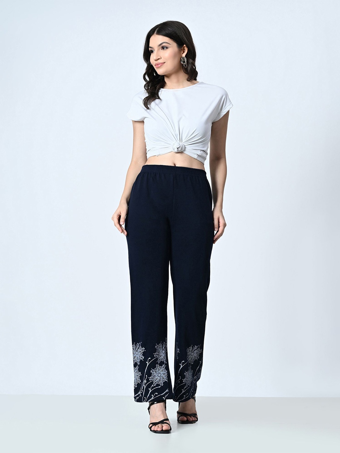 

BAESD Women Floral Printed Knitted Palazzos, Navy blue