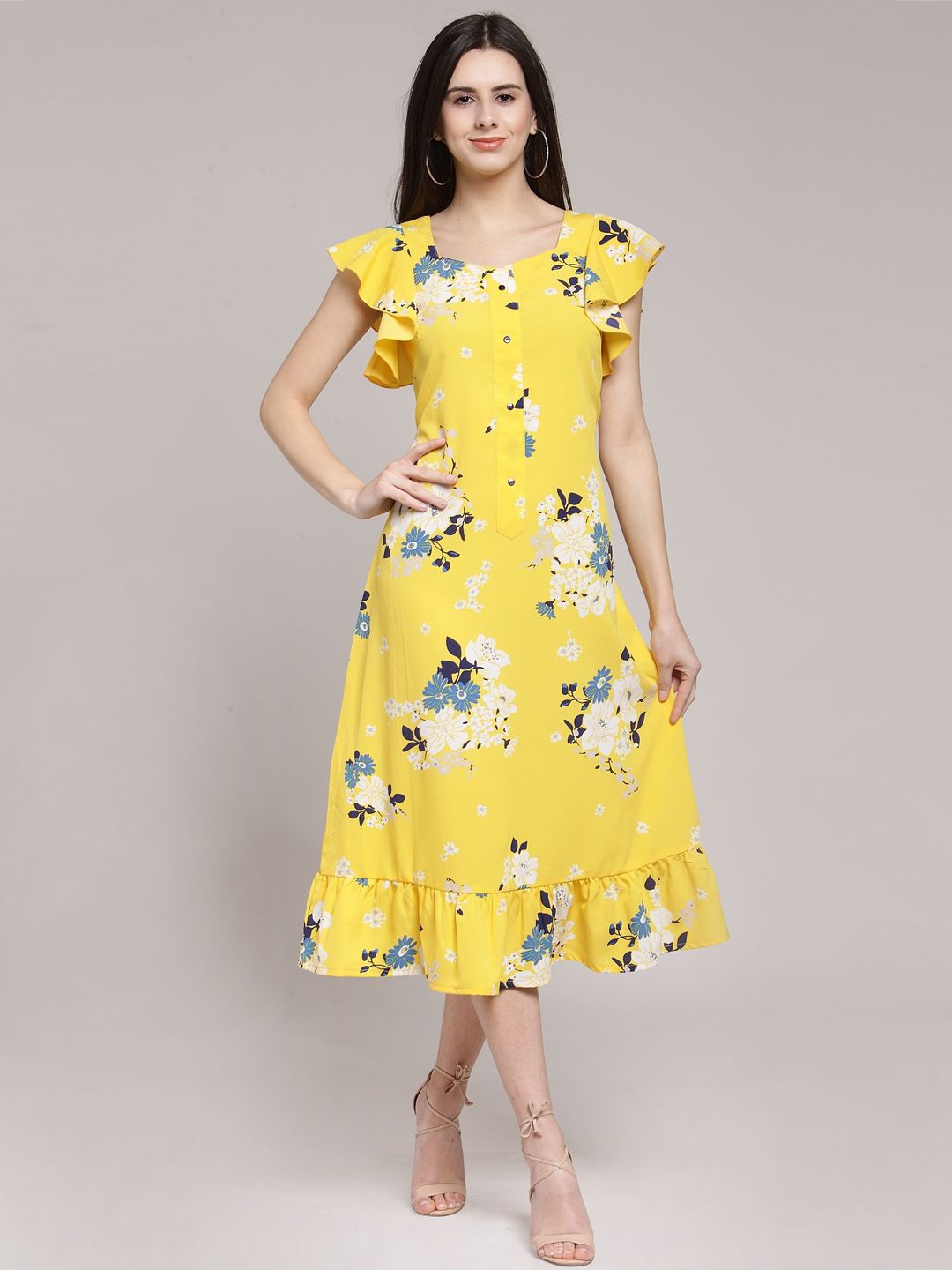 

plusS Floral Printed Flutter Sleeve A-Line Midi Dress, Yellow