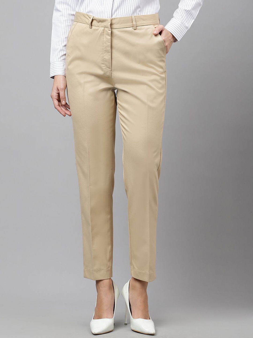 

English Navy Women Original Slim Fit Low-Rise Formal Trousers, Beige