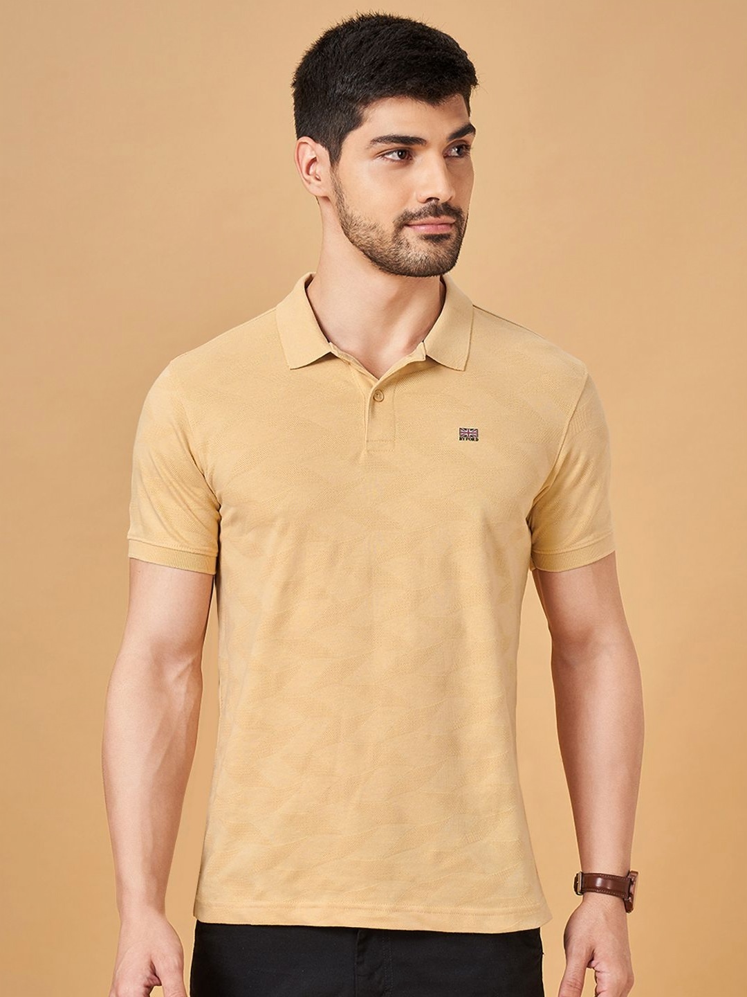 

BYFORD by Pantaloons Men Self Design Polo Collar Cotton Slim Fit T-Shirt, Yellow