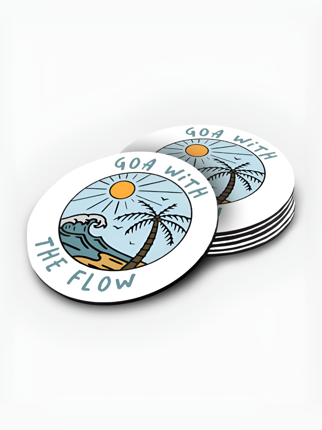 

macmerise White & Blue 6 Pieces Goa With The Flow Printed Round Wooden Coasters