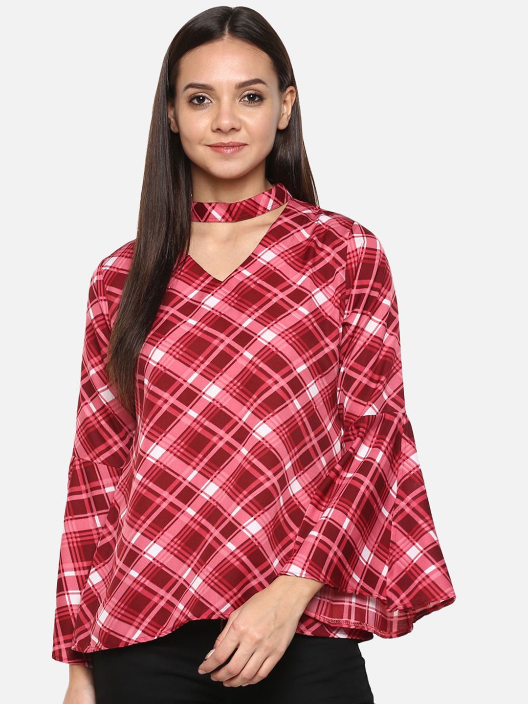 

Indietoga Women Checkered Chocker-Neck Crepe Top, Pink
